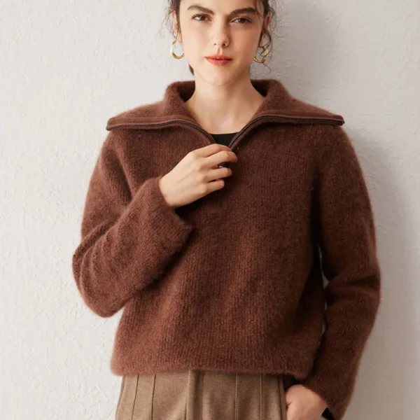 Pure Cashmere Half-Zip Loose Knit Sweater - Beige