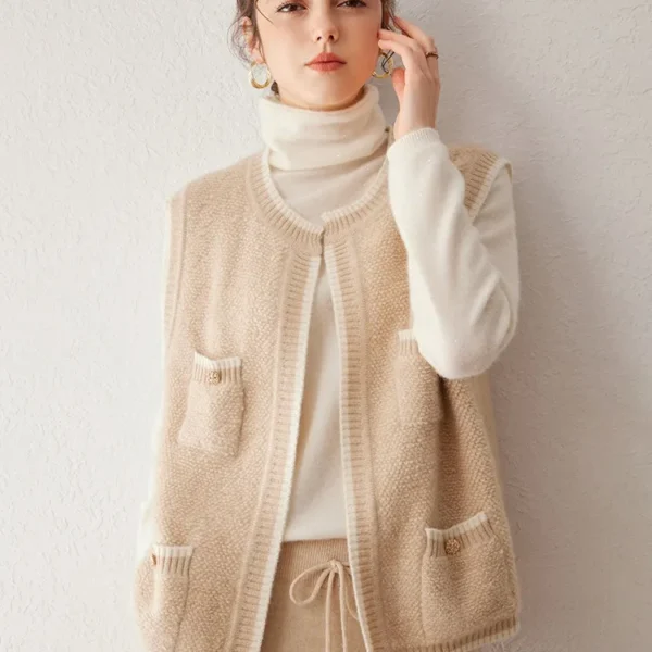 Women Cashmere Vest Cardigan - Beige