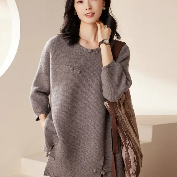 Women's Cashmere Long-Sleeve Knitted Top - Gray