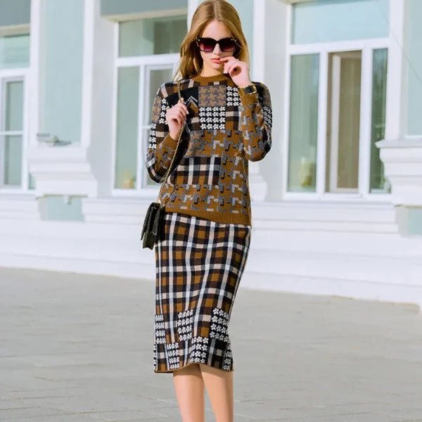 Women's 100% Cashmere Knit Plaid Suit set classic